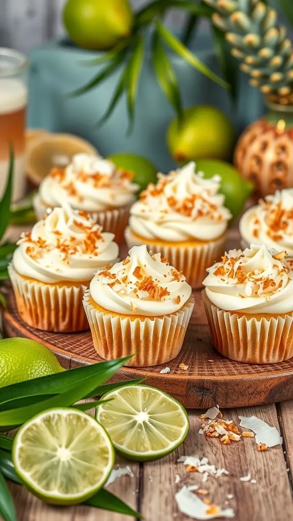 A platter of coconut lime cupcakes topped with frosting and toasted coconut, with lime slices and tropical leaves in the background.