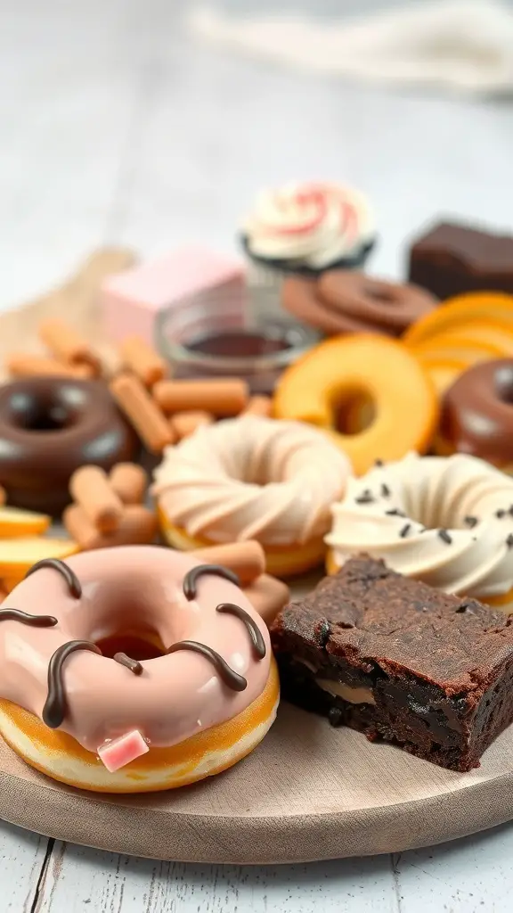 A delicious assortment of donuts and desserts on a wooden platter, featuring glazed and frosted donuts, brownies, and chocolate treats.