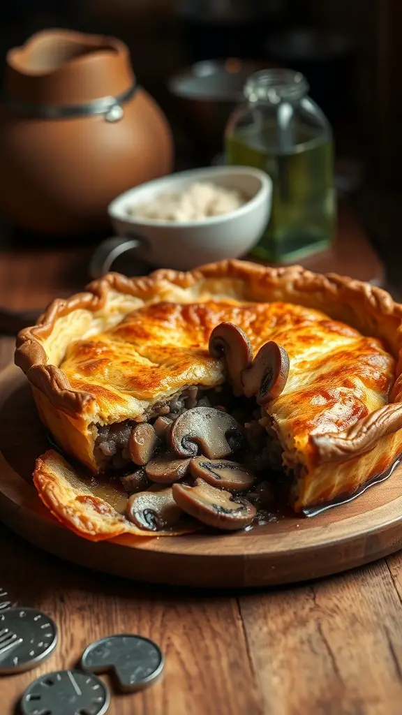 A delicious beef and mushroom pie with a golden crust, sliced to reveal the filling of beef and mushrooms.
