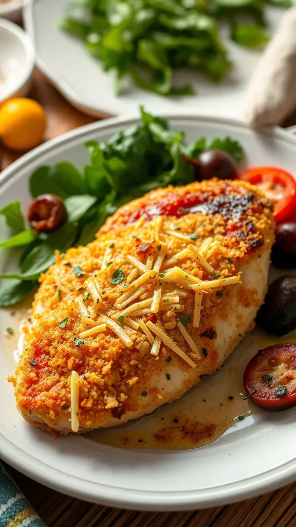 Baked Parmesan Crusted Chicken on a plate with salad