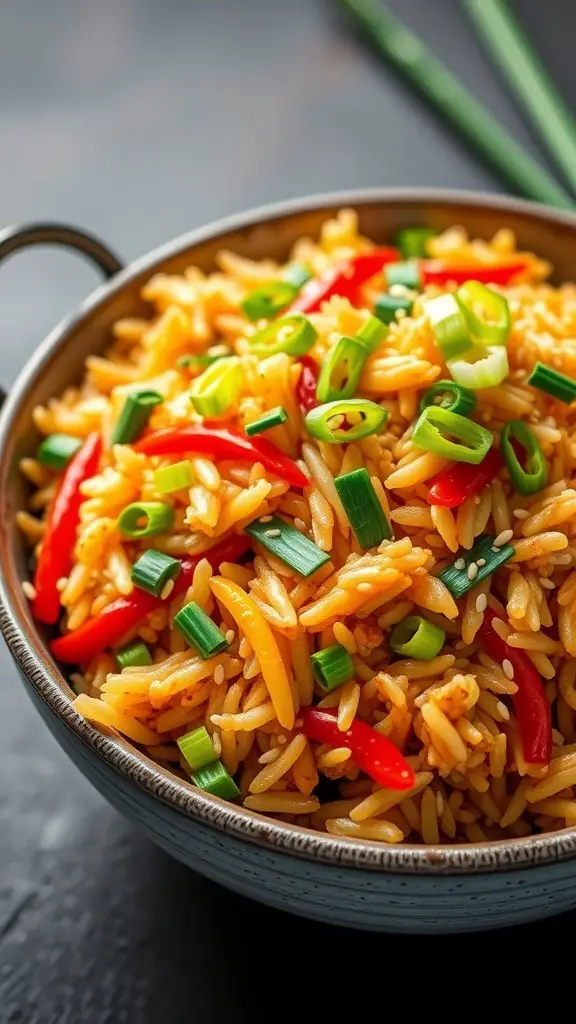 A bowl of colorful vegetable fried rice with red peppers and green onions