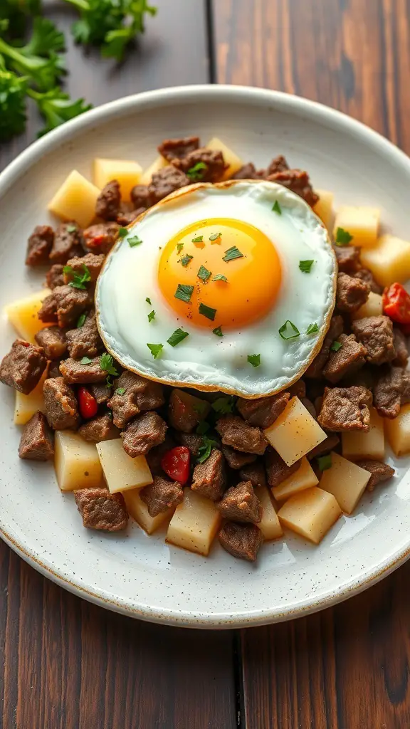 A plate of classic beef and potato hash topped with a sunny-side-up egg and garnished with herbs.