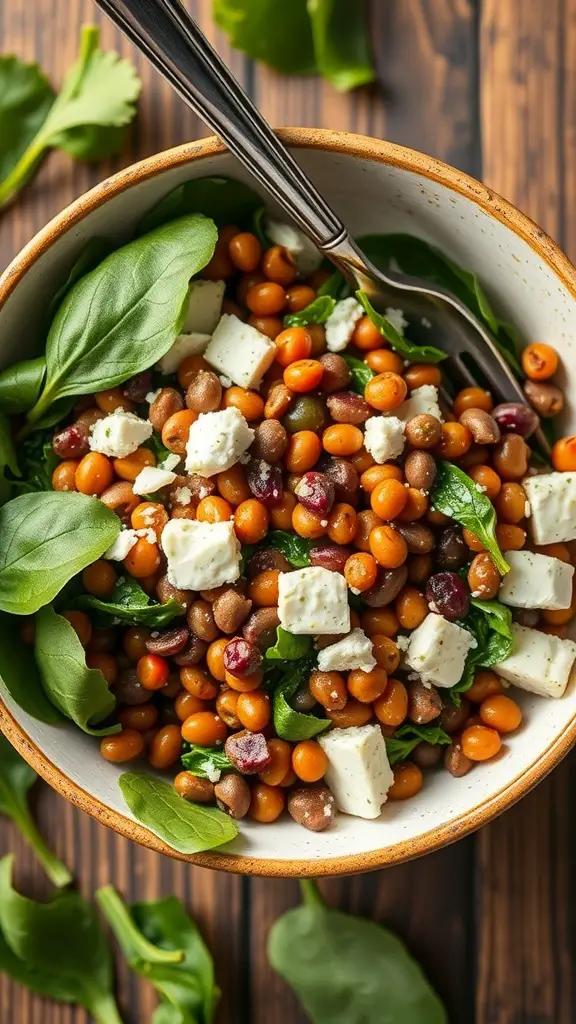 A bowl of lentil salad with feta cheese and spinach, garnished with fresh greens.