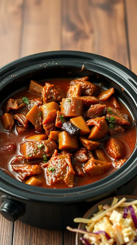 A slow cooker filled with smoky barbecue pulled pork stew, featuring tender pork pieces and vegetables in a rich sauce.