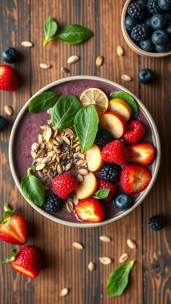 A smoothie bowl topped with spinach, strawberries, blueberries, raspberries, and granola on a wooden table.