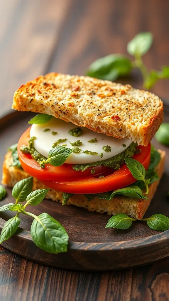 A delicious Caprese sandwich with pesto, featuring layers of mozzarella, tomatoes, and fresh basil on toasted bread.
