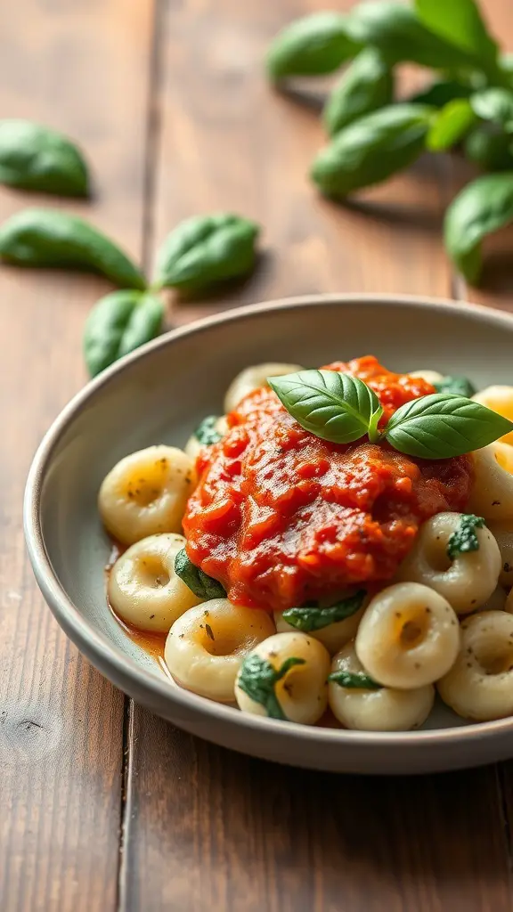 A plate of spinach and ricotta gnocchi topped with tomato sauce and fresh basil.