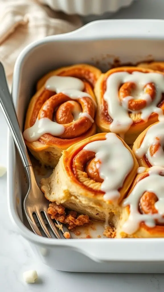 A close-up of a cinnamon roll casserole with icing drizzled on top, served in a white baking dish.