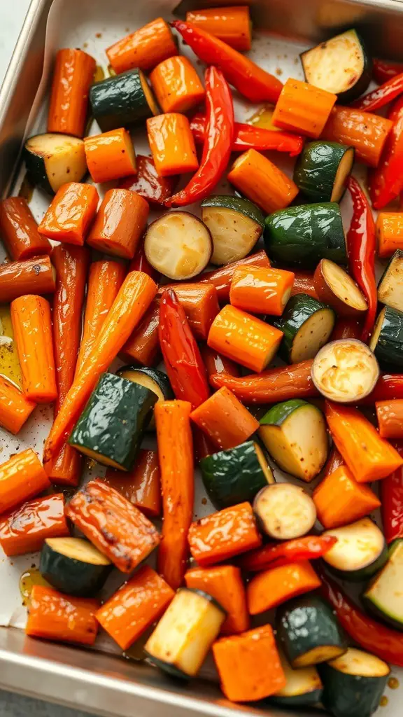 A colorful mix of oven-roasted carrots, zucchini, and red bell peppers.