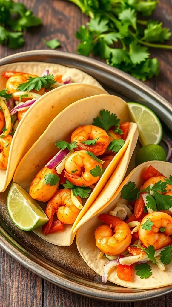 Three spicy shrimp tacos with cilantro lime slaw on a plate, garnished with lime wedges and fresh cilantro.
