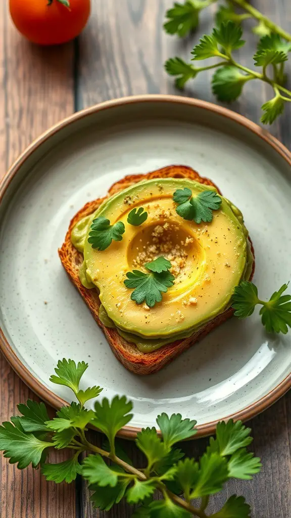 A slice of avocado toast topped with cilantro on a rustic plate, with a tomato and fresh cilantro in the background.