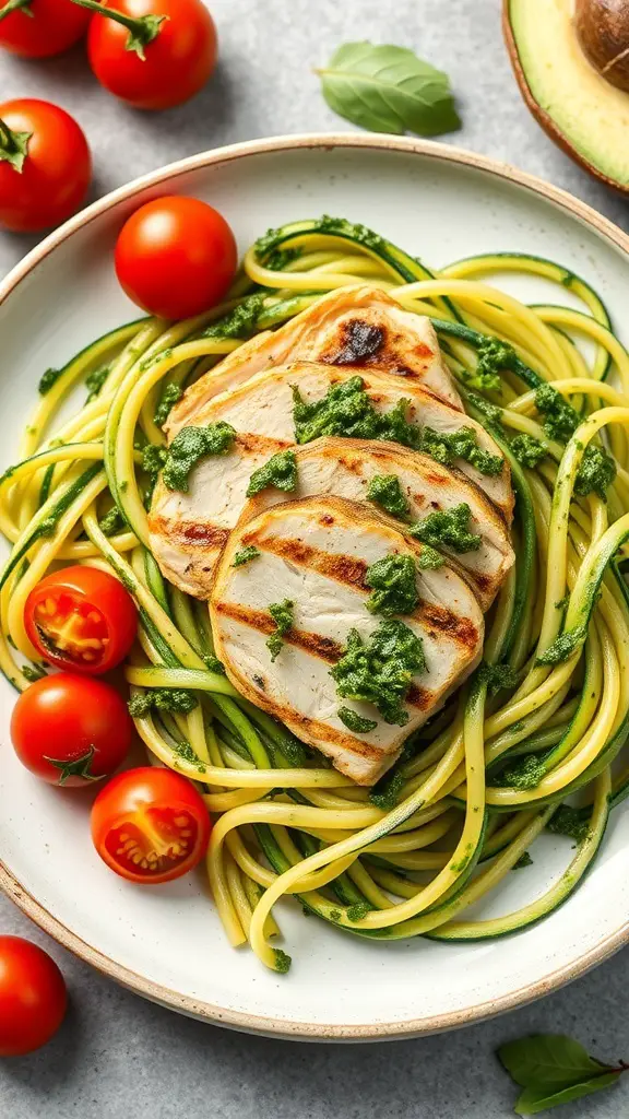 A plate of zucchini noodles topped with grilled chicken and pesto sauce, garnished with cherry tomatoes.