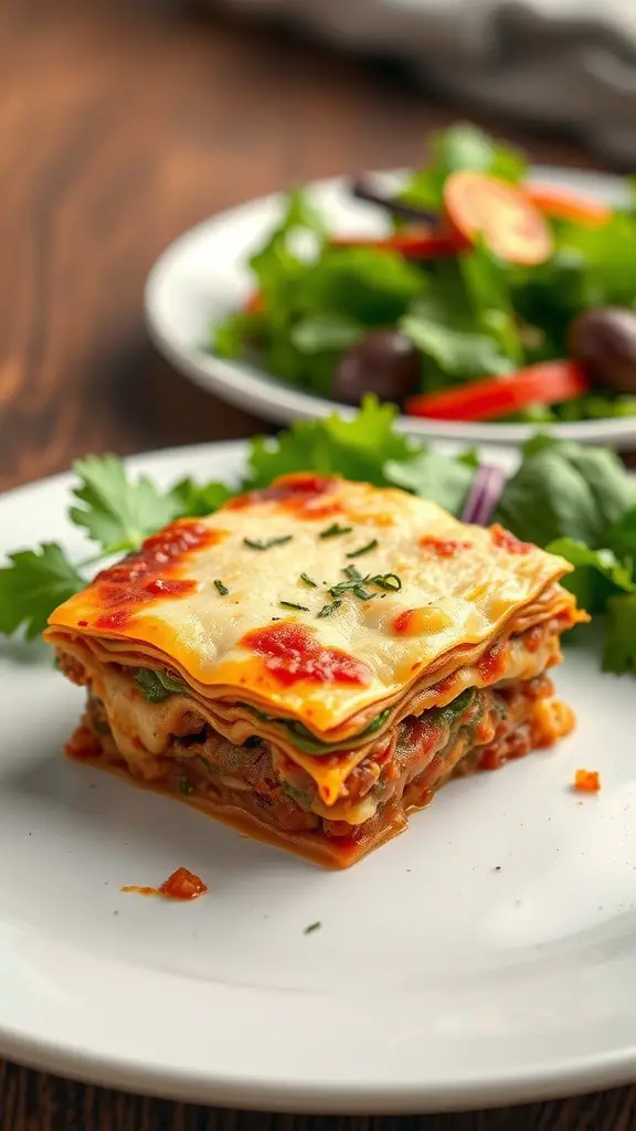 A slice of beefy lasagna with layers of cheese on a plate, accompanied by a fresh salad.