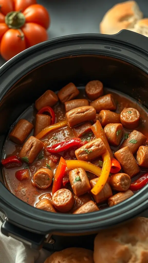A crock pot filled with spicy sausage and colorful peppers, ready to be served.