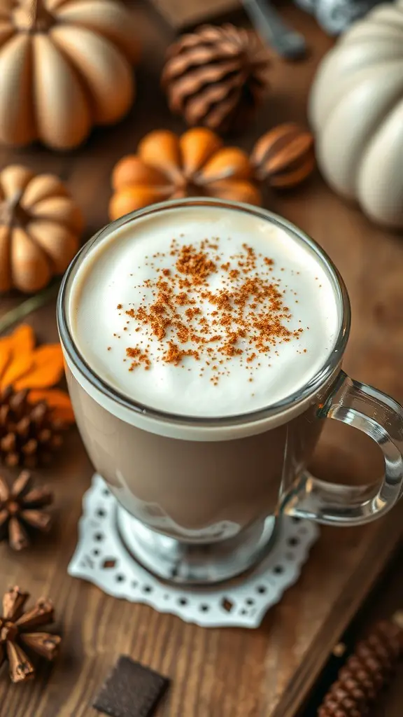 A spiced vanilla latte topped with cinnamon, surrounded by fall decorations like pumpkins and pinecones.
