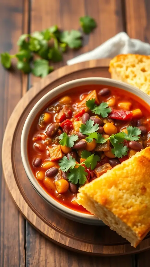 A bowl of spicy vegetable and bean chili topped with cilantro, served with cornbread on the side.