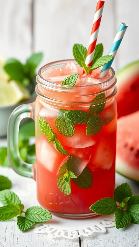 A refreshing glass of minted watermelon slush with mint leaves and colorful straws.