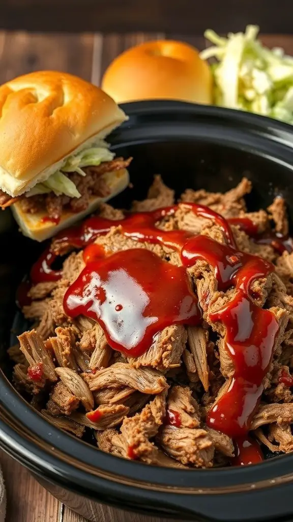 A bowl of Sweet and Tangy BBQ Pulled Pork with BBQ sauce and soft buns
