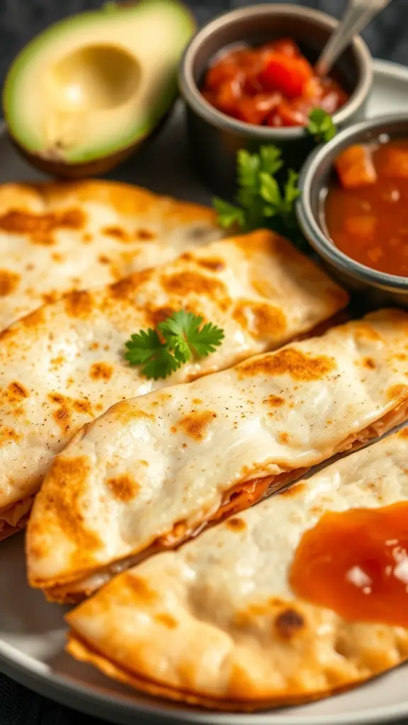 Delicious chicken quesadillas with cheese, served with avocado and salsa.