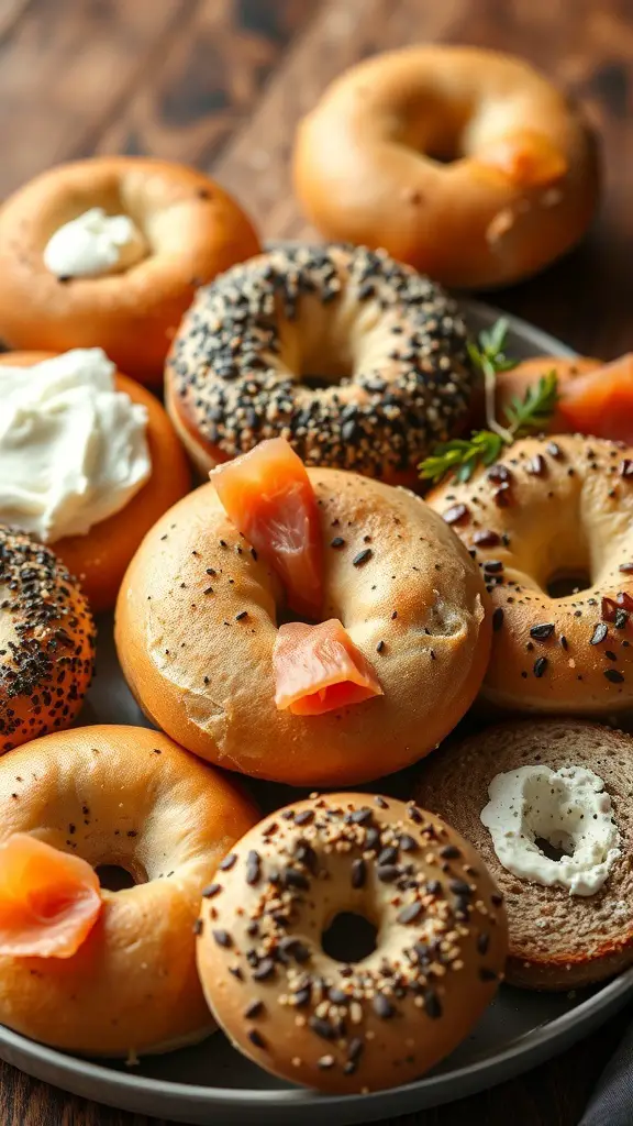 A platter of assorted bagels with various toppings and spreads.
