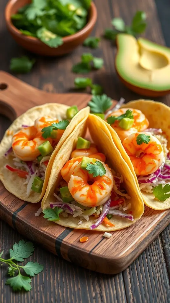 Three shrimp tacos topped with cilantro and vegetables on a wooden cutting board.