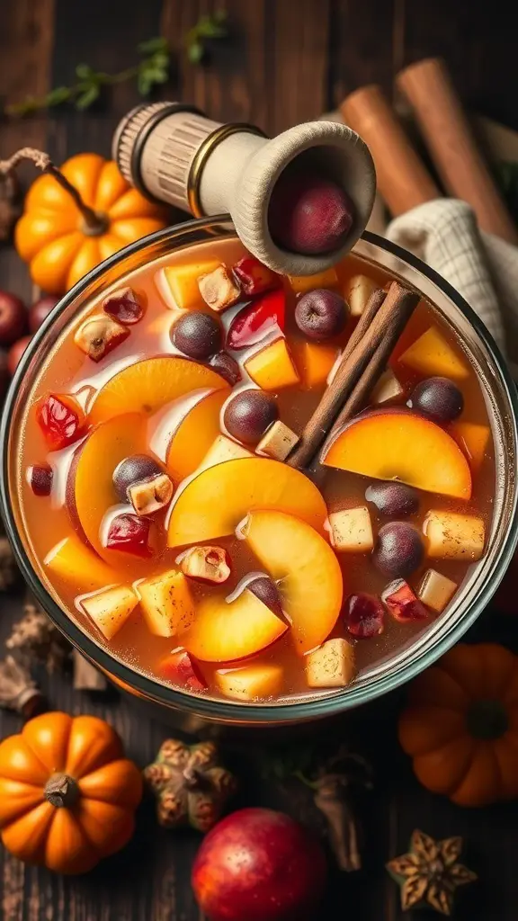 A bowl of autumn harvest fruit punch with slices of peaches, apples, and grapes, surrounded by cinnamon sticks and decorative pumpkins.