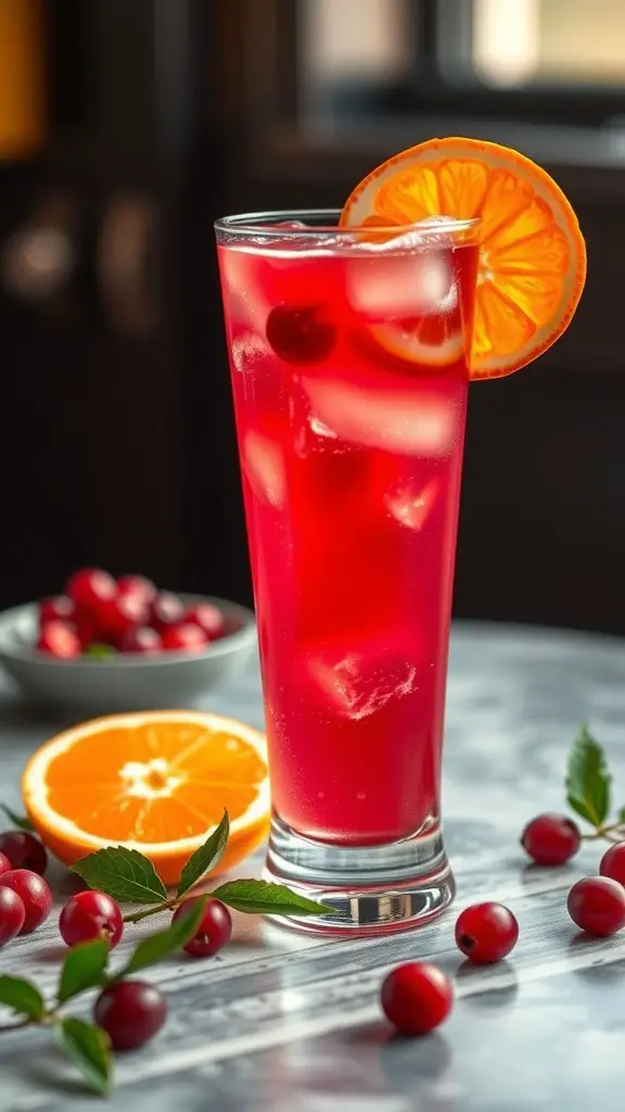 A refreshing glass of Cranberry Orange Fizz with ice, garnished with orange slices and fresh cranberries.
