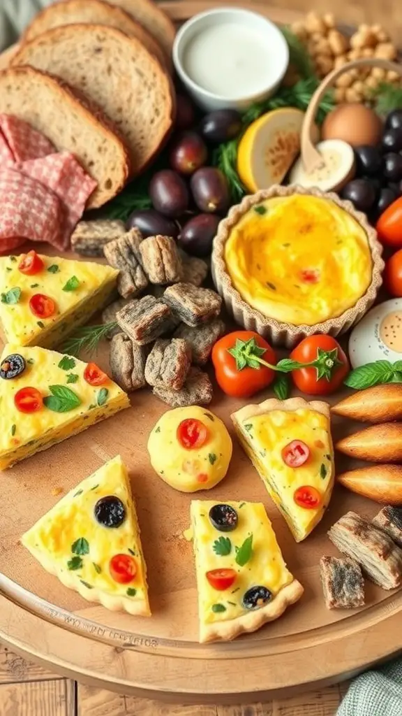 A charcuterie board featuring savory breakfast items like quiche, bread, and fresh vegetables.