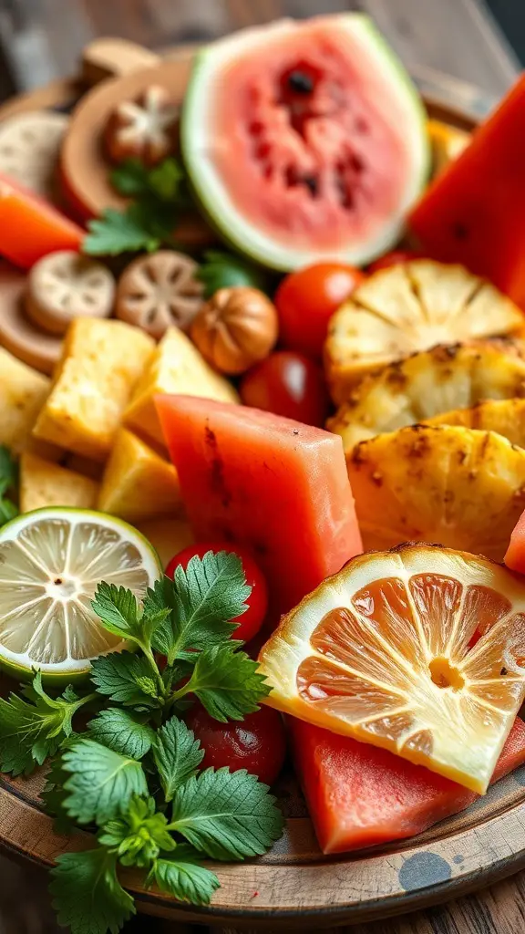 A vibrant charcuterie board featuring tequila-infused fruits like watermelon, pineapple, and lime, garnished with herbs.