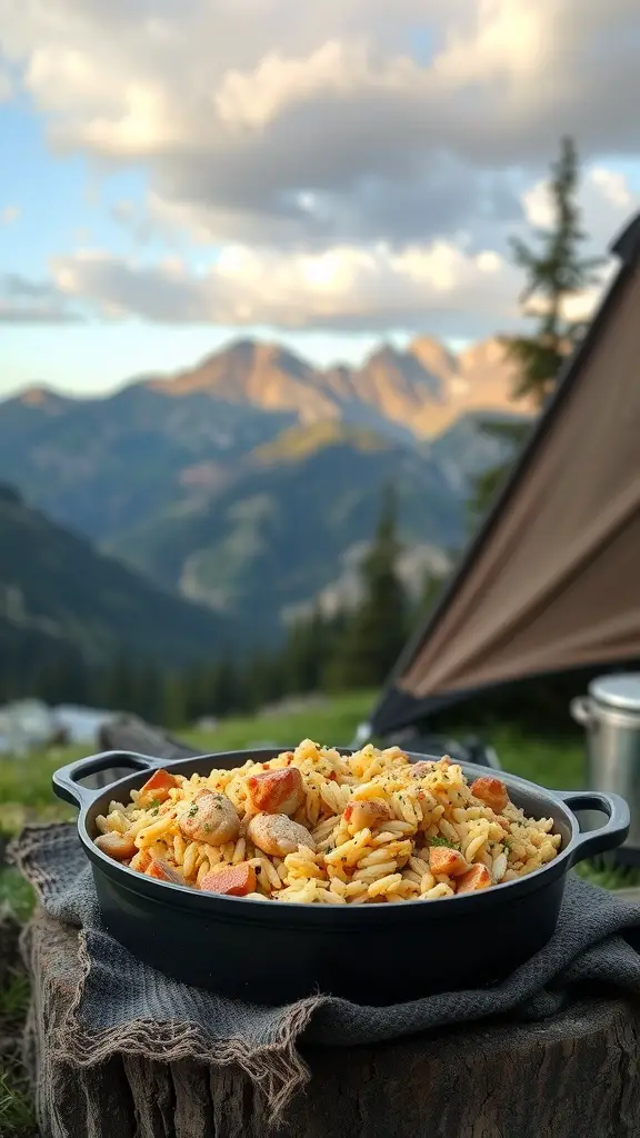 A delicious chicken and rice casserole served outdoors with mountains in the background.
