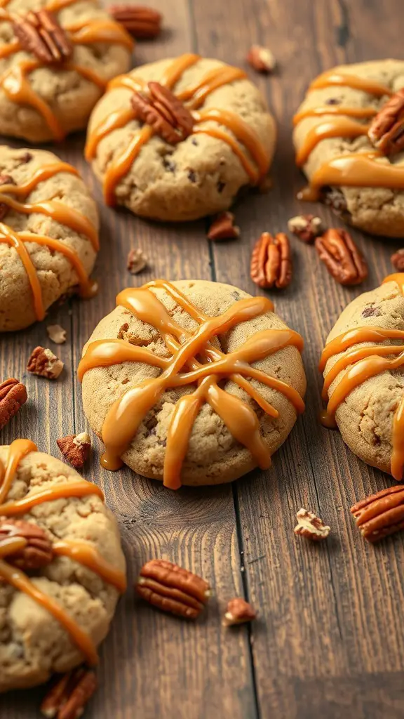 Delicious salted caramel pecan cookies drizzled with caramel and topped with pecans on a wooden surface.