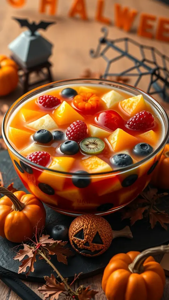A vibrant Halloween fruit punch in a bowl surrounded by pumpkins and spooky decorations.