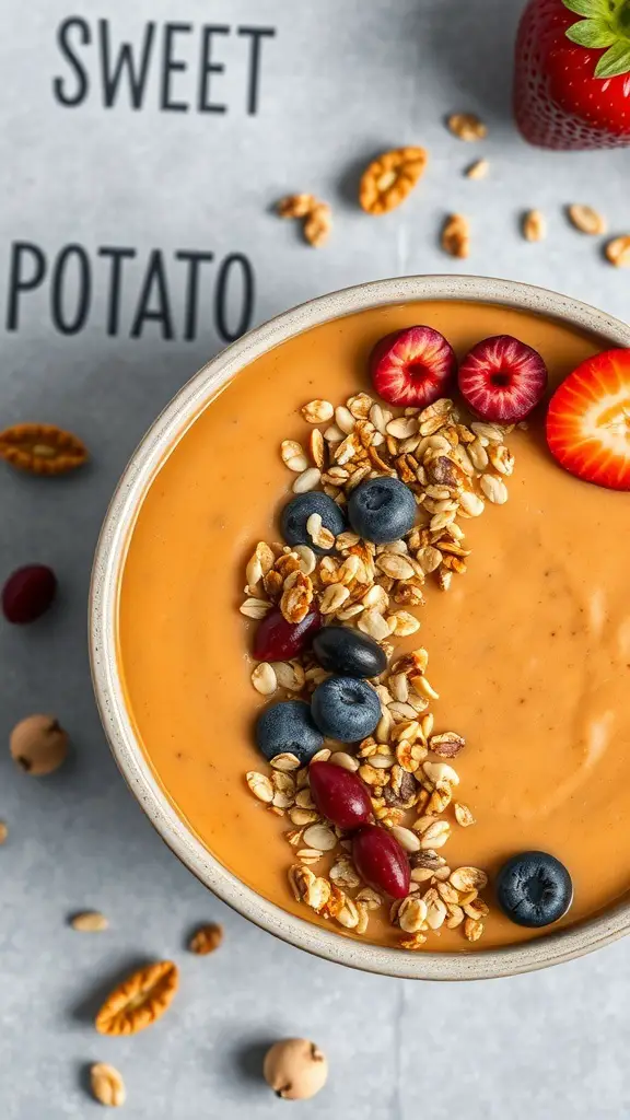 A delicious sweet potato smoothie bowl topped with granola and fresh berries.