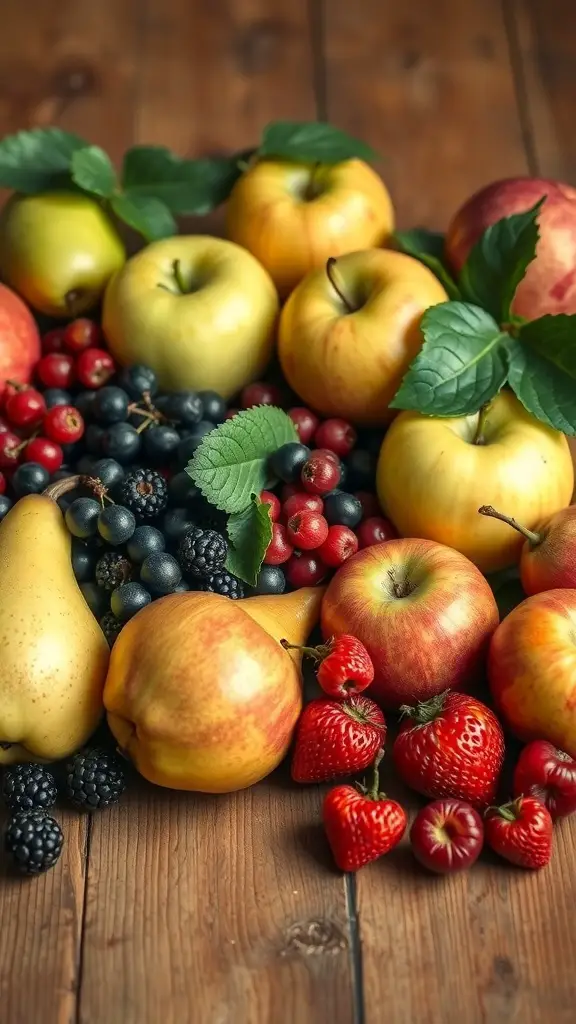 A colorful assortment of fruits including apples, strawberries, and berries on a wooden surface.