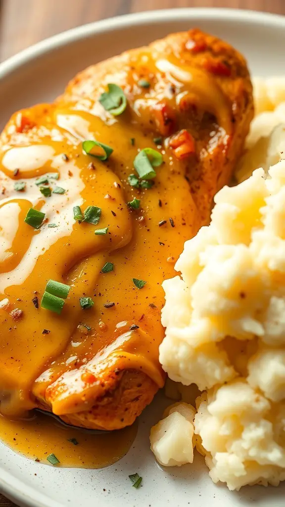 Honey mustard glazed chicken served with sour cream mashed potatoes
