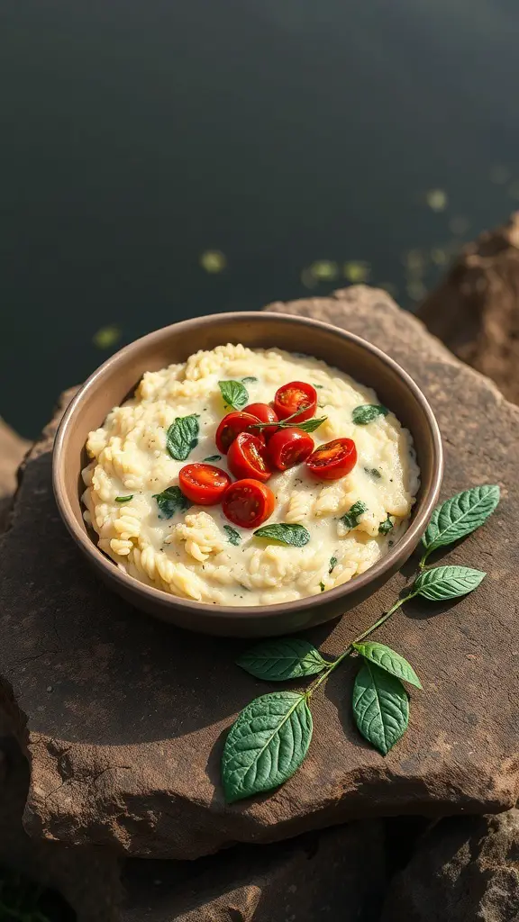 A bowl of Sundried Tomato and Spinach Risotto with cherry tomatoes on top, placed on a rock near water.