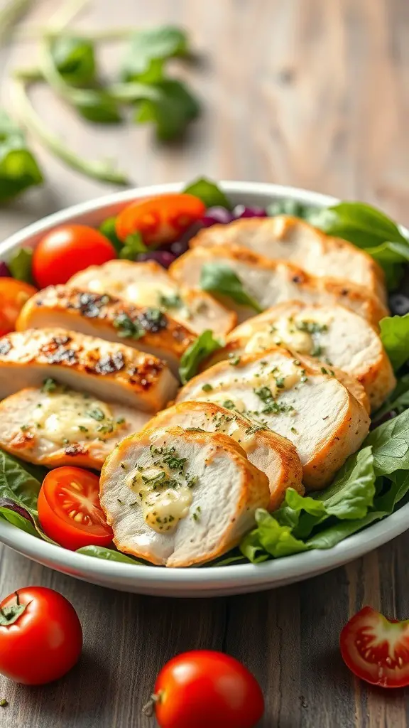 A plate of herbed grilled chicken salad with sliced chicken, greens, and cherry tomatoes.