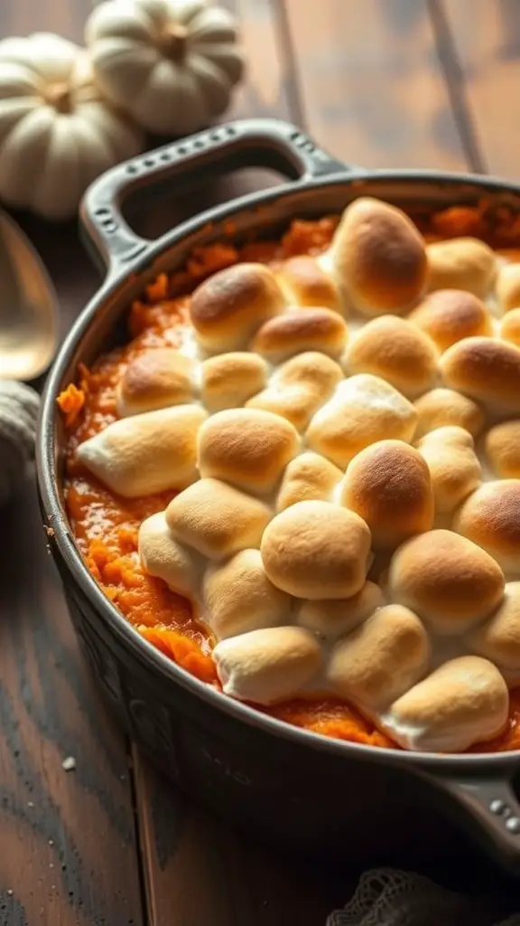 Savory sweet potato casserole topped with golden marshmallows, placed on a wooden table with pumpkins in the background.