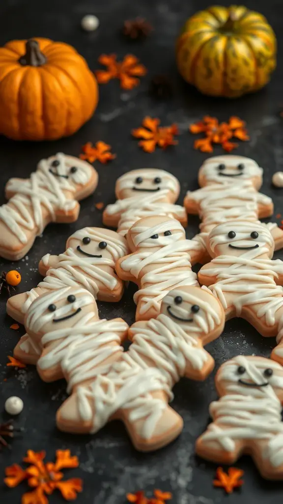 A collection of mummy sugar cookies decorated with icing and candy eyes, surrounded by autumn decorations.