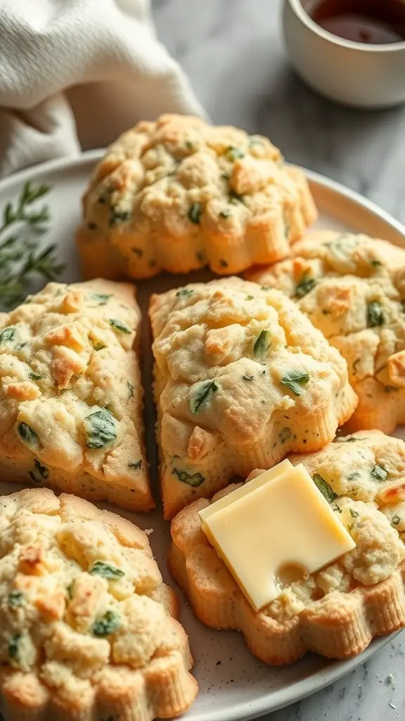 Savory scones with cheese and herbs on a plate, with a pat of butter on one scone.