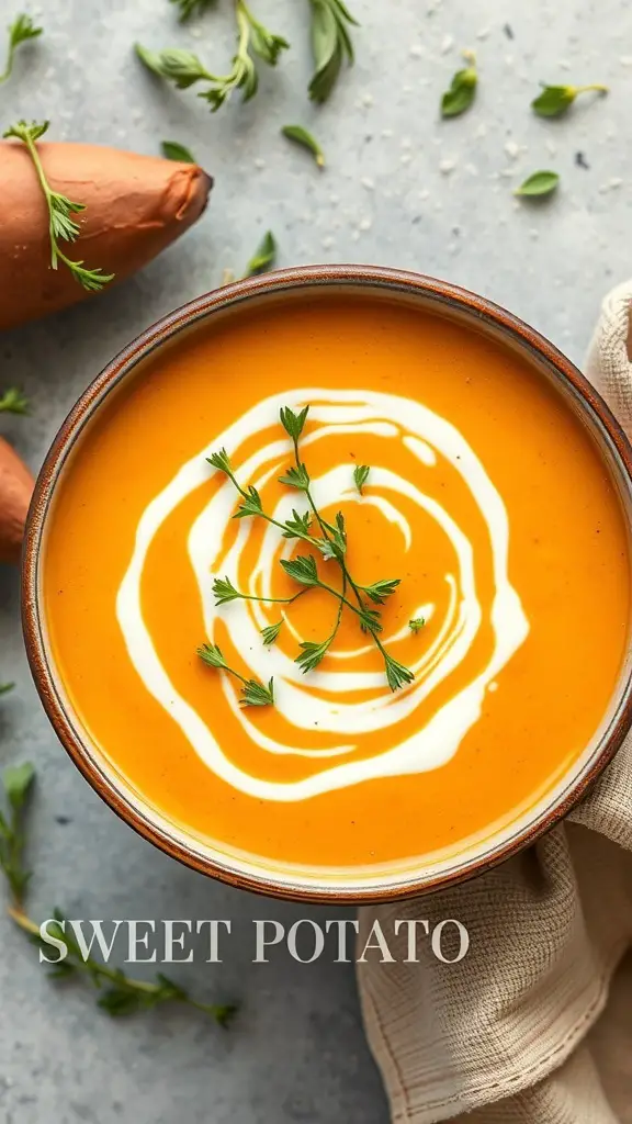 A bowl of creamy sweet potato soup garnished with herbs, surrounded by sweet potatoes.