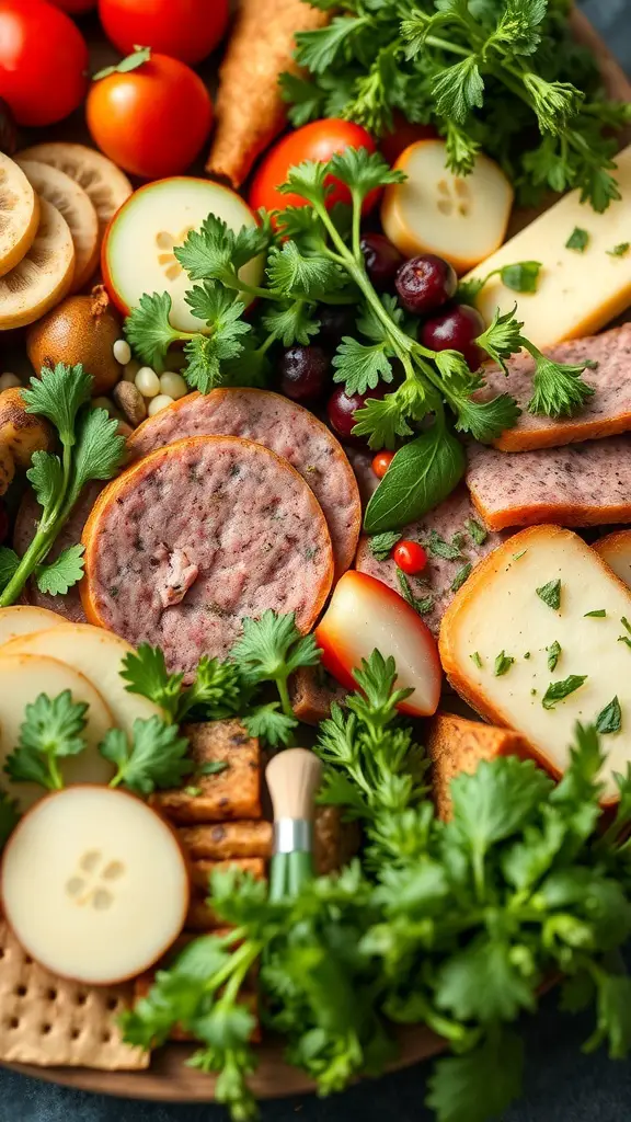 A colorful brunch charcuterie board featuring various meats, cheeses, and fresh herbs.
