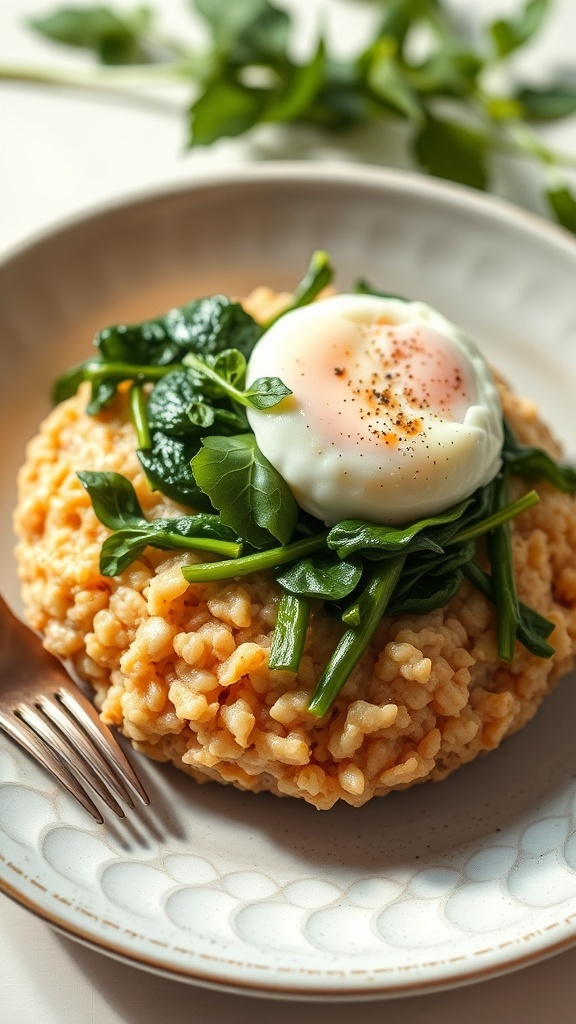 A bowl of savory oatmeal topped with greens and a poached egg, garnished with herbs.