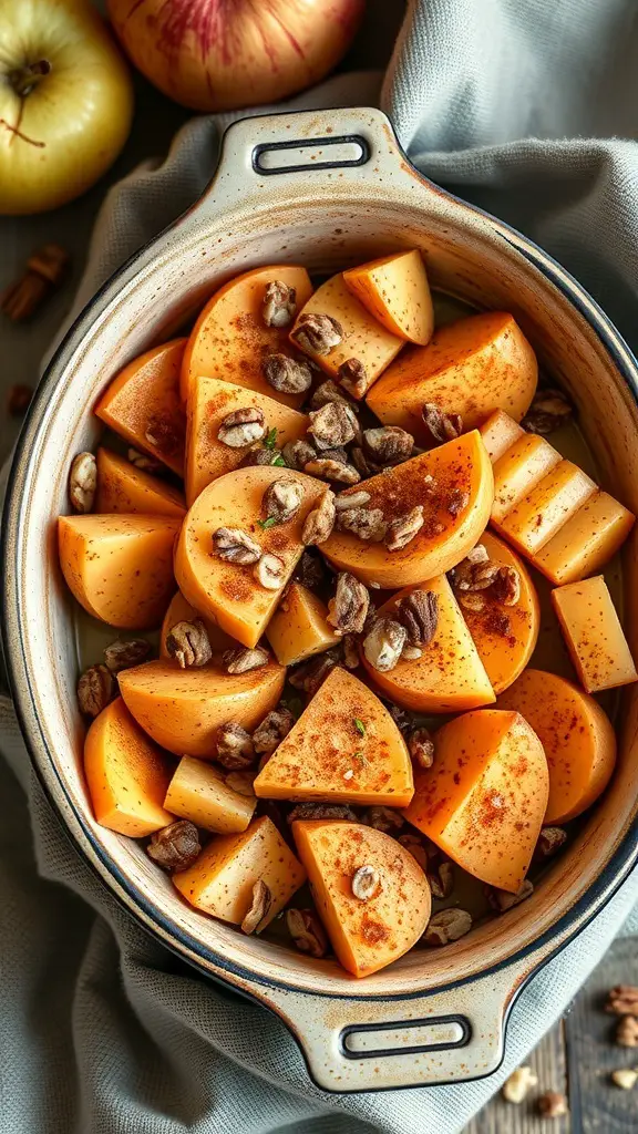 A baking dish filled with sliced white sweet potatoes and apples, topped with walnuts and cinnamon.