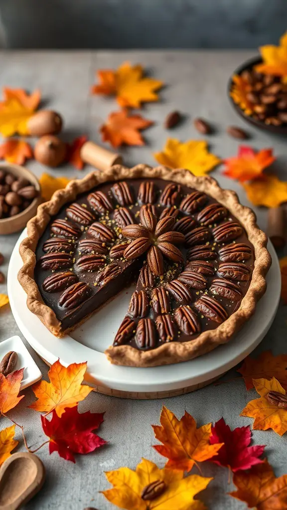 A chocolate pecan pie with a slice taken out, surrounded by autumn leaves and nuts.