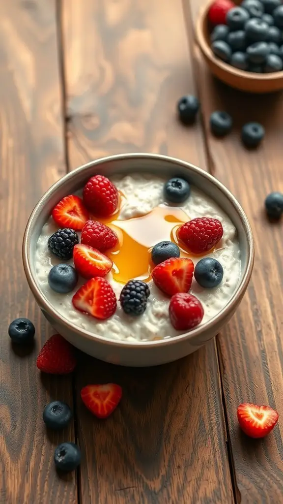 A bowl of overnight oats topped with fresh strawberries, blueberries, and raspberries, placed on a wooden table.