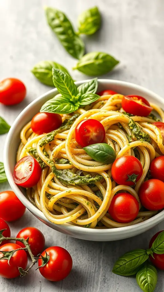 Bowl of zucchini noodles with pesto and cherry tomatoes, garnished with basil leaves.