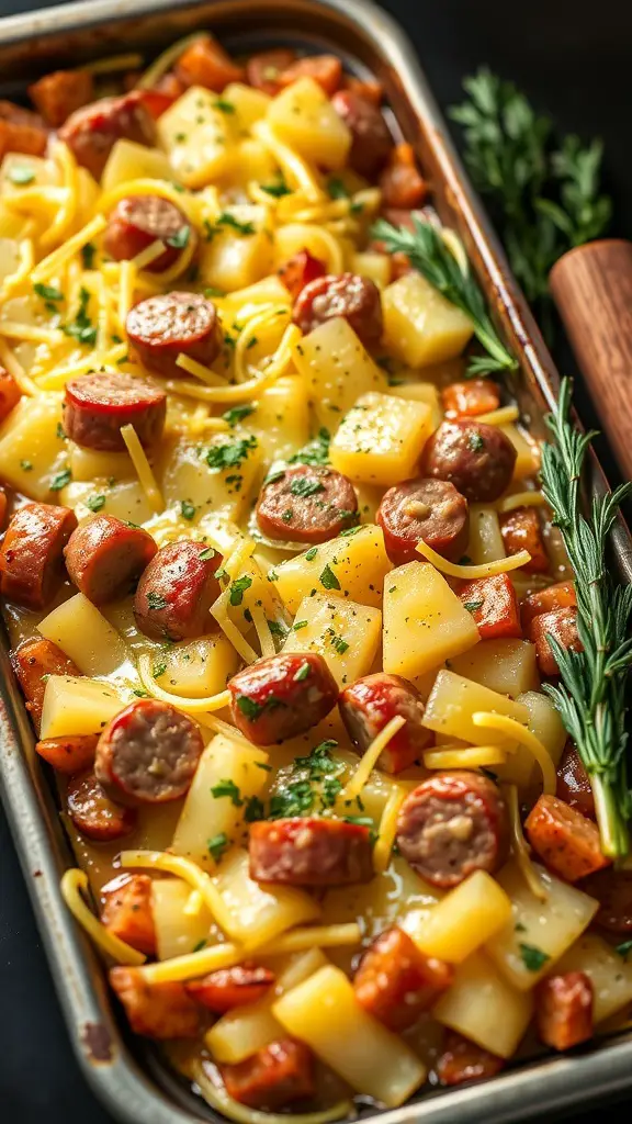 A delicious baked dish featuring canned potatoes, sausage, and cheese.