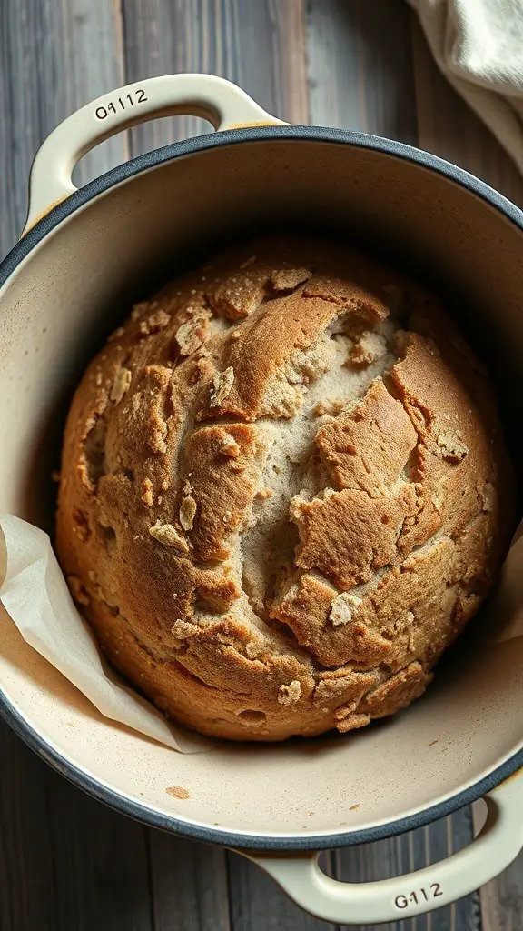 A freshly baked whole wheat bread in a Dutch oven, showcasing a golden crust and rustic appearance.