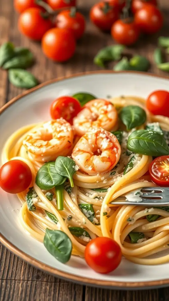 A plate of shrimp and spinach fettuccine with cherry tomatoes on a wooden table.